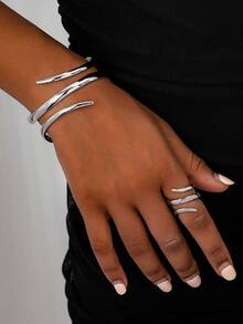 1 Set (1 pieza Pulsera de línea geométrica dorada y 1 pieza Anillo grueso de línea geométrica) - Plateado - Ver 1
