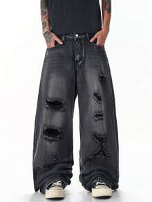Justice Brother 1pc American Street Style Personalized Men's Distressed Denim Jeans Fashion All Season Wide Leg Long Pants (Belt Not Included/Accessories Not Included) - Grey - View 1