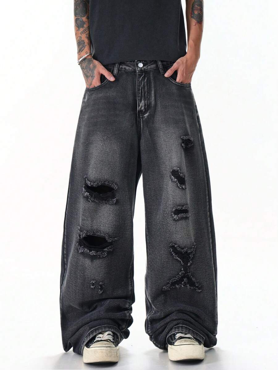 Justice Brother 1pc American Street Style Personalized Men's Distressed Denim Jeans Fashion All Season Wide Leg Long Pants (Belt Not Included/Accessories Not Included) - Grey - View 1