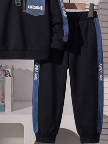 Boys' Collared Half-Open Front Pocket Denim Patchwork Sweatshirt And Letter-Print Denim Patchwork Side Seam Trousers - Black - View 6