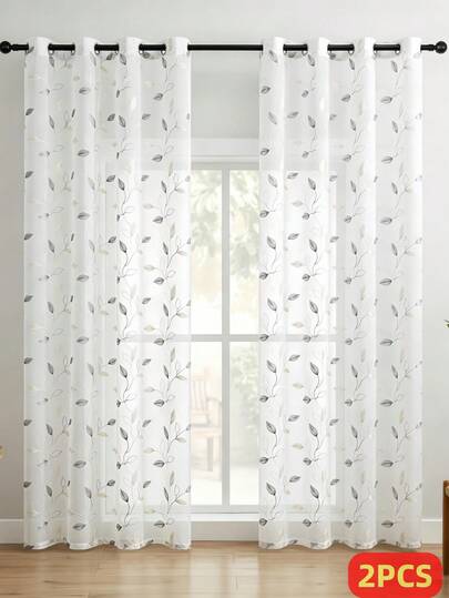 2pcs Embroidered Sheer Curtains With Leaf Pattern, Grommet Top, Faux Linen Floral Semi-Transparent Voile Curtains For Bedroom Living Room, Privacy Sheer Curtains, Versatile Breathable Flower Plant Dual-Color Sheer Curtains