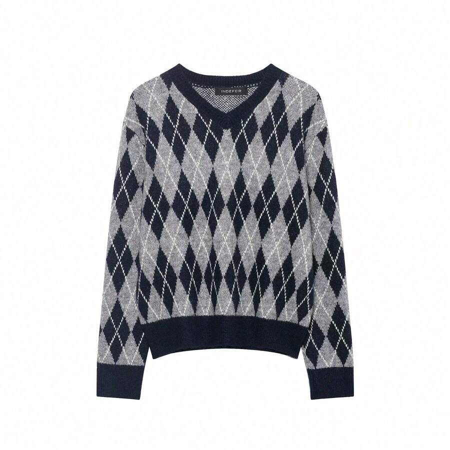 Mellowy Autumn New Women's European And American Style Fashion Simple Versatile Retro Diamond Grid Long Sleeve V-Neck Pullover Knit Sweater Fall - Plaid - View 1