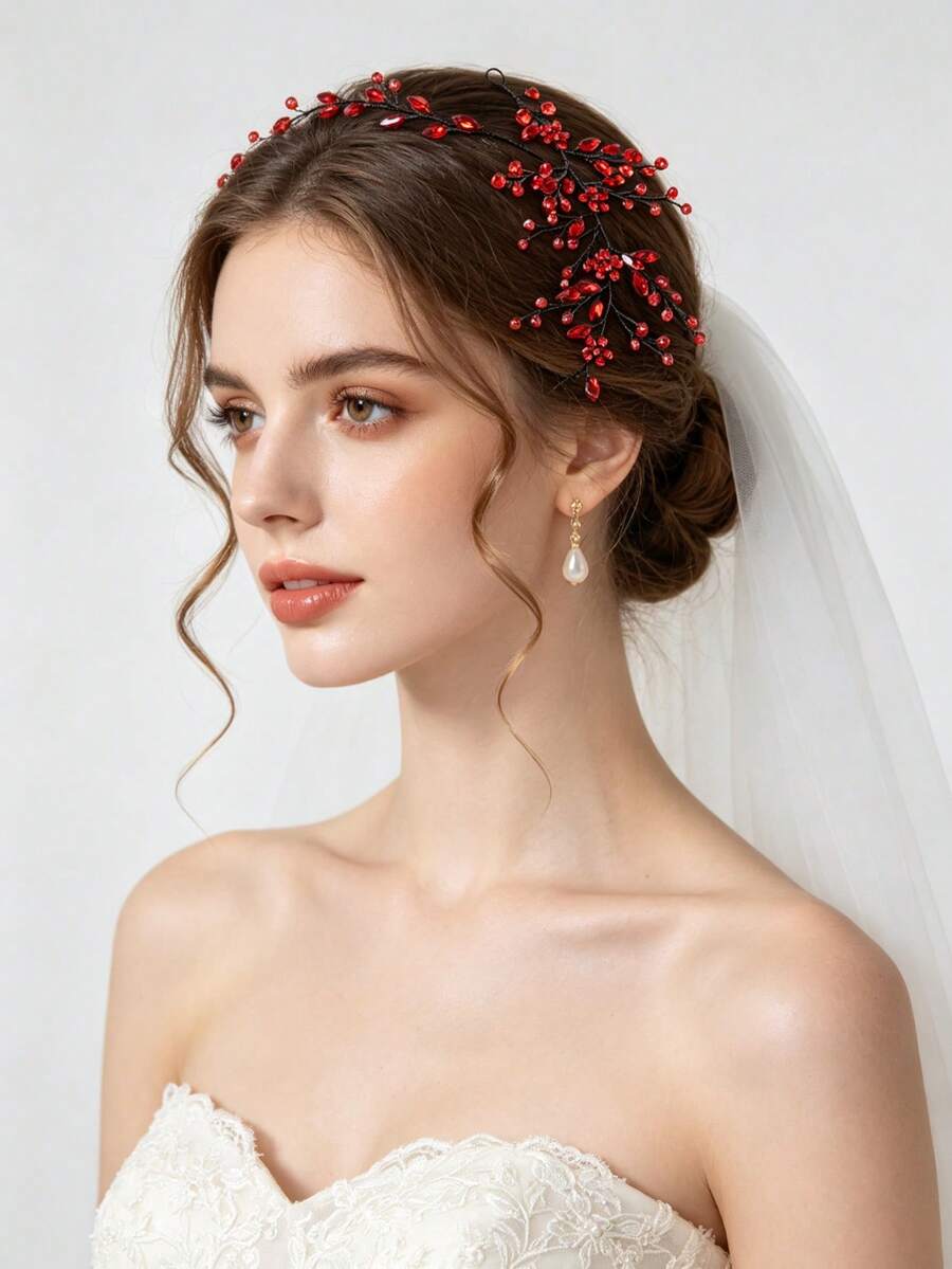 黑色線材紅色馬眼形水鑽彎曲彈性藤蔓側邊髮飾 新娘婚禮單身派對髮飾 - 紅色 - 查看 1