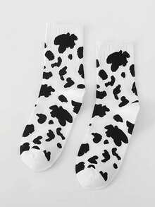 1/3/5 Pairs Unisex Black & White Cow Print Mid-Calf Socks, Streetwear Casual Socks For All Seasons - Black and White - View 6