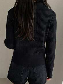 Women's Solid Color Casual Half-Zip Long Sleeve Versatile Minimalist Knit Top - Black - View 7