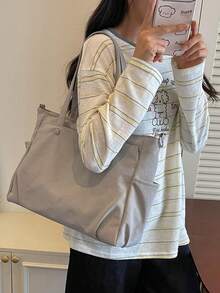 Large Capacity Fashion Crossbody Bag, Lightweight, Foldable, Multiple Pockets, Zipper Closure, Adjustable Shoulder Strap - Grey - View 8
