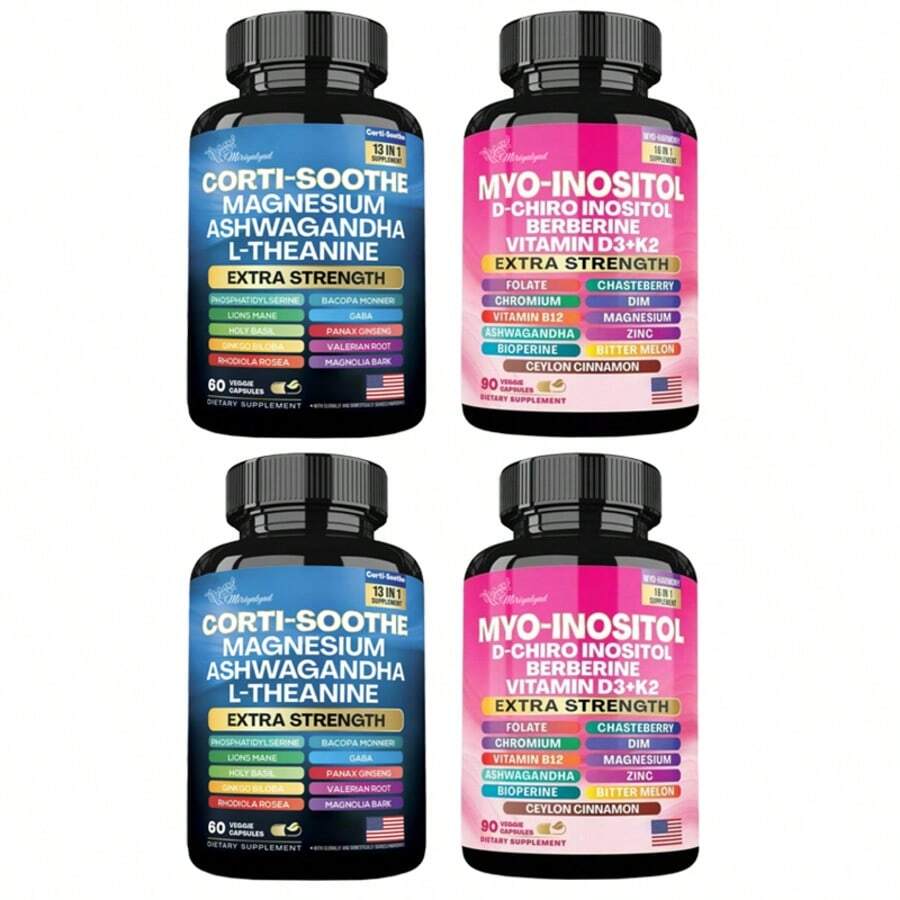 Miriyalyad Rhodiola Valerian Root Cortisol Relief Capsule Pack Paired With Chasteberry Ceylon Cinnamon Inositol Berberine Formula, Vegan Supplement Bundle For Daily Stress Reduction & Hormone Maintenance - 2set - 查看 1