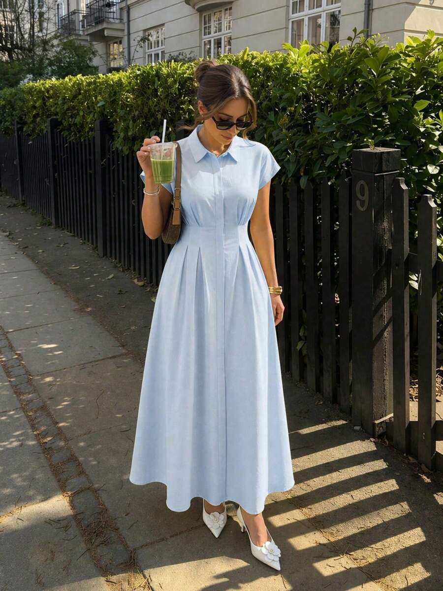 SUNSTORY 女款夏季優雅休閒波希米亞復古商務休閒度假極簡純色襯衫長洋裝，前開扣設計，口袋，開衩，高腰，修身，短袖，適合日常、工作、度假、海灘、婚禮、派對、旅行、茶會、音樂節、開學季及其他場合