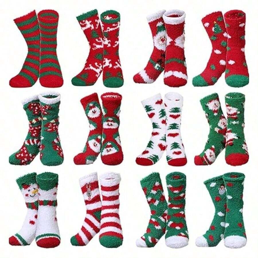 5 Pairs Christmas Socks, Fluffy And Fun, Warm And Elastic For Winter, Novel And Colorful, Unisex Holiday Crew Socks - Multicolor - View 1