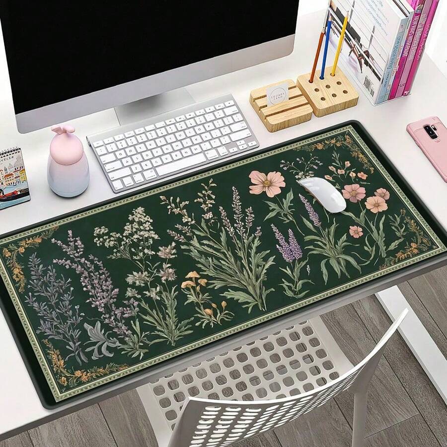 1pc Plant & Floral Pattern Desk Mat: Vintage Mushroom Design Mouse Pad, Gaming & Office Mouse Pad, Desk Accessory, Computer Accessory Mat, Non-Slip Base And Stitched Edge Keyboard & Mouse Pad, Computer Desk Mat, Suitable For Gaming And Office - A - View 1