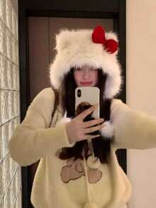 Women's Cute Bow Plush Winter Hat, Soft Fuzzy Ear-Flap Knit Cap, Warm And Comfortable, Suitable For Daily Wear, Outdoor Travel, Autumn/Winter Style - Multicolor - View 3