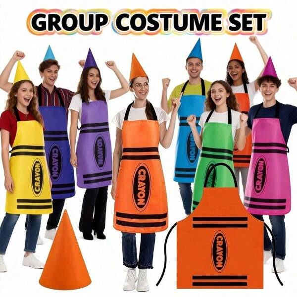 2pcs Apron + Hat Adult Colorful Crayon Apron Costume Set With Cone Hat - Halloween Party, Role Play, Teacher Costume And Group Theme Creative Colorful Outfit - Durable Fabric, Adjustable Size, Fun Gift For Friends, Men And Women Party Costume