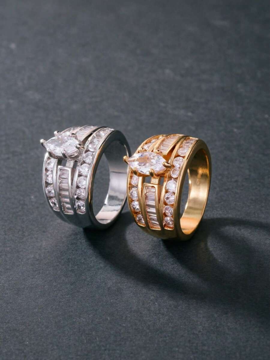 1pc Fashion Cubic Zirconia Multi-Layer Stackable Ring For Women, Rectangular And Round Micro-Inlaid Wide Band, Gold And Silver Plated Luxury Wedding Engagement Jewelry Gift - Horse Eye - View 1