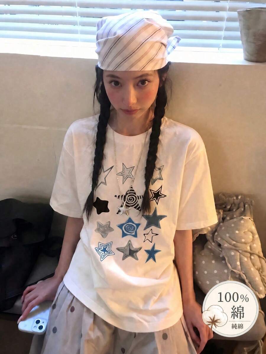 Y2K復古星星印花女款夏季新款休閒寬鬆短袖T恤上衣 白色 - 白色 - 查看 1