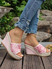 Women's Summer New Slip-On Wedge Platform Sandals, Thick Sole Mesh Floral Fabric, Lightweight Non-Slip High Heel Slouchy Slides - Pink - View 6