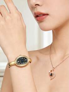 2pcs/Set Women's Bracelet Watch, Fashion Oval Roman Numeral Quartz Wristwatch Set - Gold - View 3