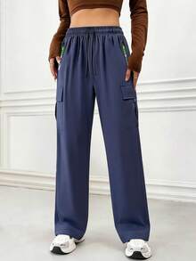 Women's Navy Drawstring Waist Cargo Pants, Multi Flap Pockets, Sweatpants For Women, Minimalist Solid Color Fashion Sports Long Pants Winter - Navy Blue - View 2