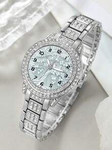 Women's Sparkling Rhinestone Watch, Silver Metal Chain Strap, Delicate Cherry Blossom Floral Dial Analog Wristwatch, Suitable For Daily, Party, Date - A - View 6