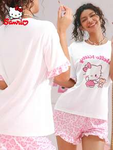 Sanrio 2件組女款 Hello Kitty 睡衣，字母數位印花，荷葉邊，可愛，粉色圓領，短袖短褲睡衣家居服套裝 - 彩色 - 查看 5