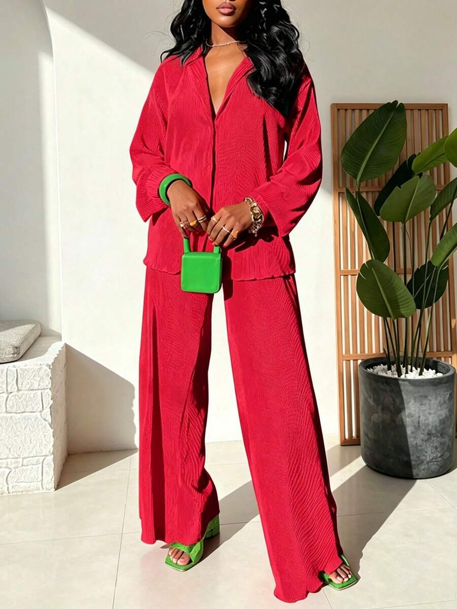 2pcs Women's Fashionable Pleated Shirt And Comfortable Wide-Leg Pants Casual Outfit Spring Red Elegant - Red - View 1