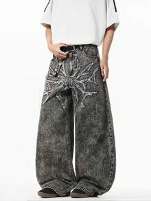 1 pieza Jeans holgados de pierna ancha con bordado de "Hermano de la Justicia" para hombre - Negro - Ver 4