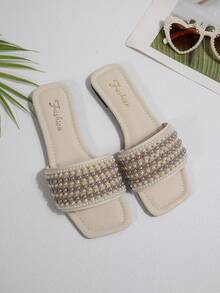 Elegant Striped Pearl Rhinestone White Summer Outdoor Flat Slide Sandals - Beige - View 6