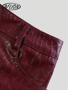 Aflion Women Summer Fall Burgundy Embossed PU Leather High Waisted Shorts, Button Front Pockets For Halloween Music Festival Party Going Out - Burgundy - View 4