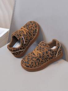 Spring/Autumn Leopard Print Kids' Sneakers, Rubber Sole Hook And Loop Closure Casual Shoes For Toddlers - Brown - View 7