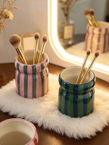 1 INS-Style Hand-Painted Two-Tone Striped Plastic Storage Tube, Cosmetic Organizer, Makeup Brush Holder, Eyebrow Pencil, Eyeliner, Lipstick Storage Box, Desktop Decoration, Holiday Gift For Family And Friends - A - View 3