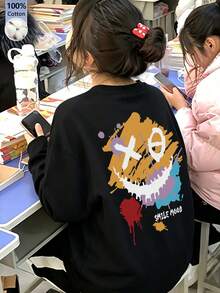 女款寬鬆休閒卡通印花長袖T恤，春秋款黑色 - 黑色 - 查看 4