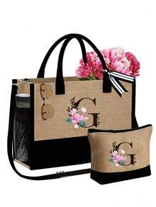 Women's Beach Tote Bag With Shoulder Strap, Pink Peony Flower A-Z Letter Print Tote Bag, Comes With Shoulder Strap And Makeup Bag; Vacation Beach Commute Shopping Bag, Gift Bag With Side Pockets, Large Capacity Handbag, Can Hold Books, Cosmetics, Parasol, Suitable For Daily Commute, Travel, Picnic, Camping, Students, Large Capacity Laptop Tote Bag, Student Commute Canvas Bag, Back To School Gift, Teacher's Day Gift - Multicolor - View 18