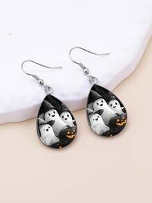 1 Pair Halloween Cute Ghost Pattern With 316 Stainless Steel Water Drop Earrings Suitable For Women's Daily Wear - White - View 6