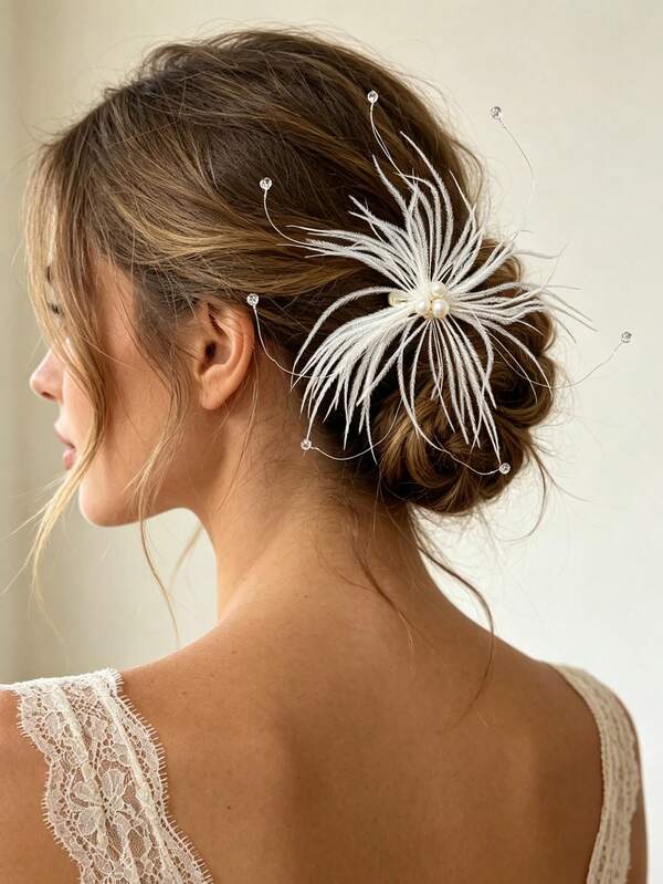 1pc Ethereal White Faux Feather Pearl Rhinestone Hair Clip, Bridal Wedding Dress Headpiece, Wedding Banquet Dress Accessory