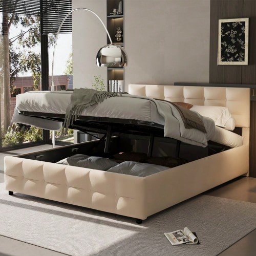 Upholstered Bed 180*200cm, Slatted Frame, Hydraulic Single Bed, Dutch Velvet Fabric, Beige - Beige - View 1