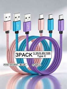 3入 USB C 快速充電線 [3.3/6.6/10英尺] USB A 轉 C 尼龍編織充電線，C 接口數據同步線，相容 Galaxy A14 5G A13 A54 A53 S23 S22 Ultra S21 S20 A23 A24 A03 S7 Pro 6 Moto Android 手機快速充電線 - 彩色 - 查看 1