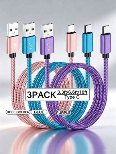 3pcs USB C Fast Charging Cable [3.3/6.6/10ft] USB A To C Nylon Braided Charging Cable, C Port Data Sync Cable, Compatible With Samsung Galaxy A14 5G A13 A54 A53 S23 S22 Ultra S21 S20 A23 A24 A03 S7 Pro 6 Moto Android Phone Fast Charging Cable