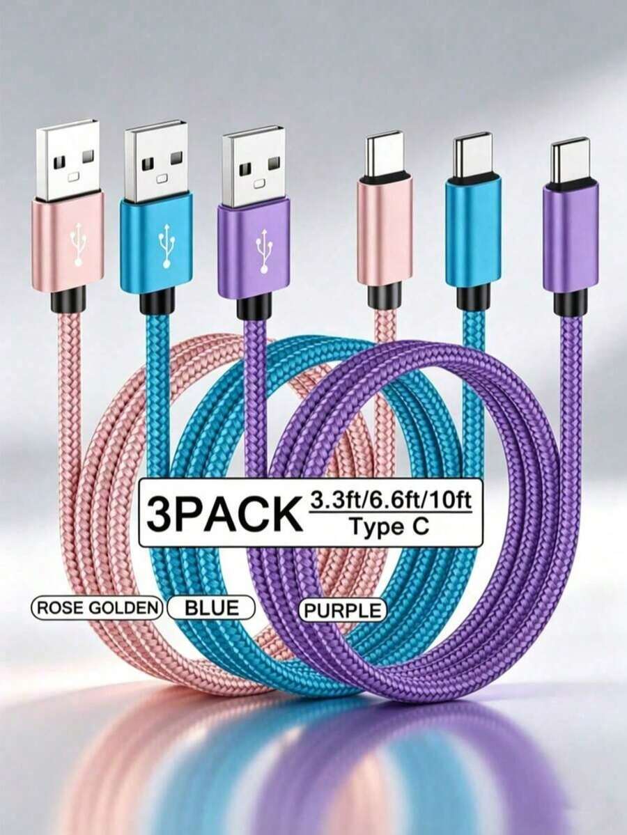 3入 USB C 快速充電線 [3.3/6.6/10英尺] USB A 轉 C 尼龍編織充電線，C 接口數據同步線，相容 Galaxy A14 5G A13 A54 A53 S23 S22 Ultra S21 S20 A23 A24 A03 S7 Pro 6 Moto Android 手機快速充電線 - 彩色 - 查看 1
