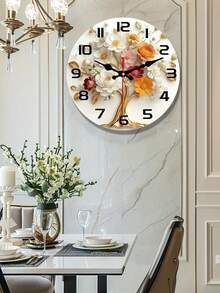 2D Flat. 1pc. Golden Floral Tree Themed Wooden Wall Clock, Silent Decorative Clock, Creative Wall Clock, Suitable For Decorating Bedrooms, Living Rooms, And Offices, Available In 10/12 Inches (Batteries Not Included) - Multicolor - View 3