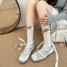 Lace-Up Ballet Flats With Bow, Soft Style, Women's Mary Jane Shoes With Square Toe And Low Heel, Spring Flats - Grey - View 3