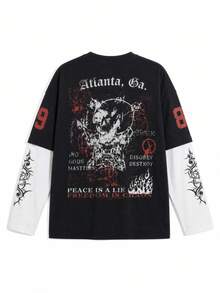 Black & Grey Contrast Distressed Punk Skull Number Men's 2 In 1 Long Sleeve T-Shirt, American Streetwear Loose Breathable Top - Black - View 4
