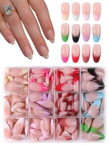 360pcs (12 Mixed Styles) Long Almond Shape Press-On Nails, Macaron Color Gradient Design Acrylic Fake Nails Set - Multicolor - View 1