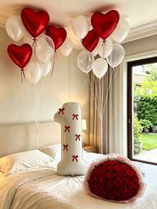 23pcs Red Bow Balloons Set, Includes 32-Inch 0-9 Cream White Number Foil Balloons, With Ribbon Bow Decorations. Perfect For Birthday Party Decor, Couples Anniversary And Valentine's Day Celebration. Romantic Party Decorations. - Red - View 7