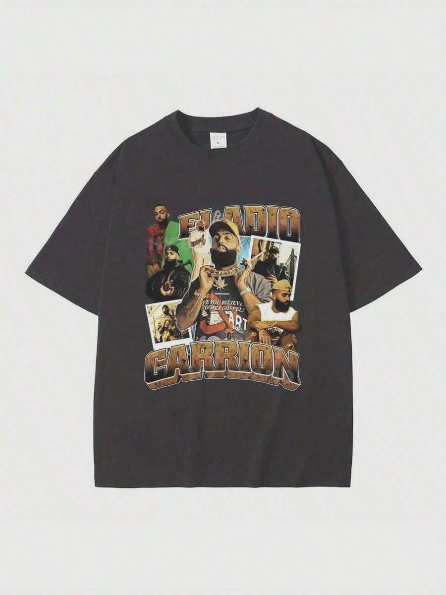 Camiseta Gráfica del Rapero Eladio Carrión, Estilo Casual Holgado para Hombres y Mujeres, Camisetas de Manga Corta Estilo Hip Hop - Negro - Ver 1