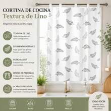 Grey Leaf Print Linen Kitchen Curtain, Nordic Style Short Window Curtain With Tabs For Bathroom Or Hallway, Filters Light And Provides Privacy - White - View 4