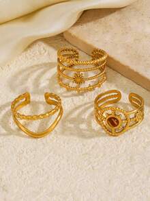 Juego de 3 anillos de acero inoxidable chapados en oro de 18K, estilo vintage de lujo con diseño geométrico de línea solar, adecuado para el uso diario de mujeres, regalo, vacaciones y viajes - Multicolor - Ver 4
