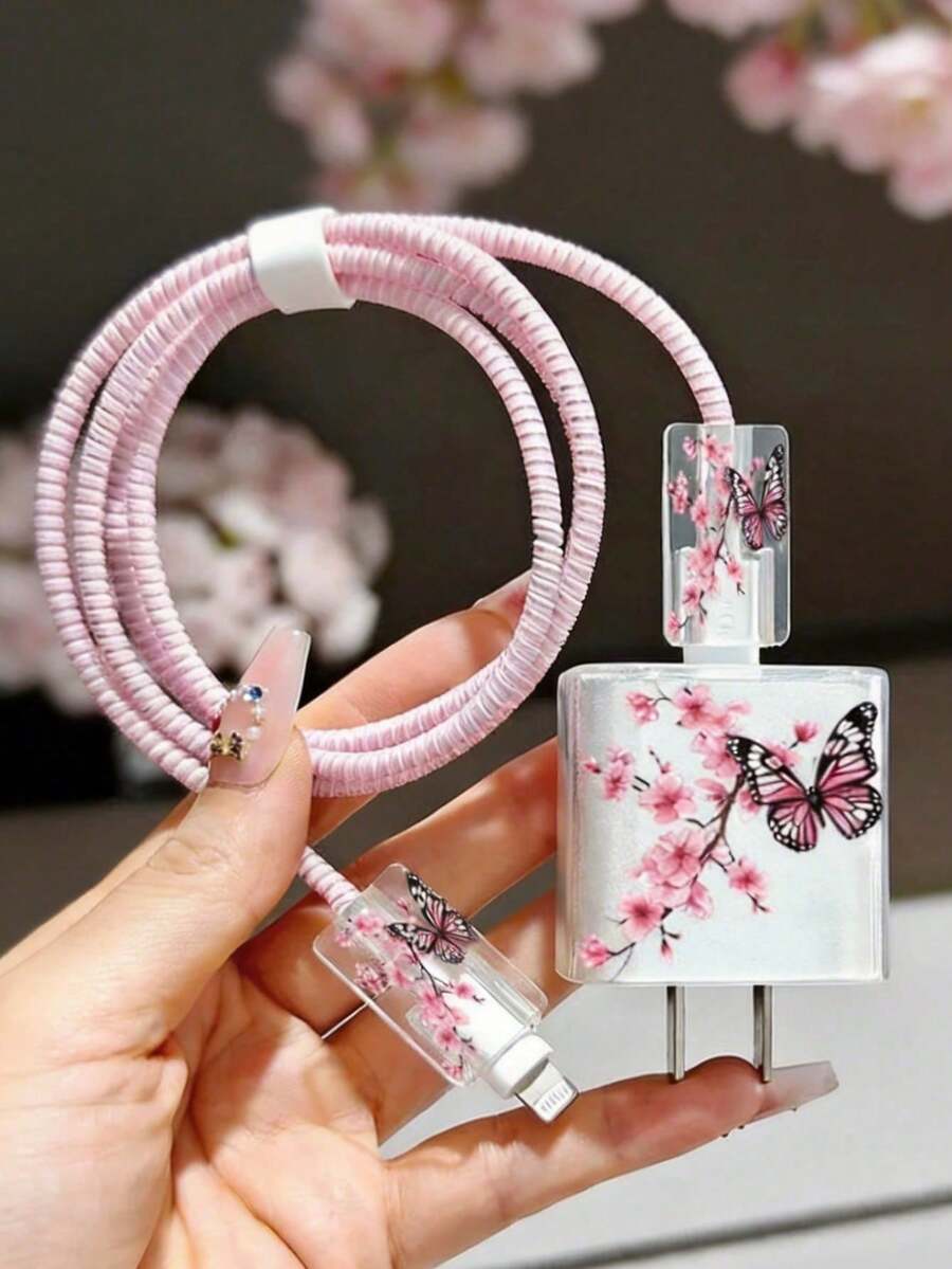 5pcs/Set Charger Cable Protector For IPhone17/16/15/14/13/12/11 Pro Max Charger Protective Shell - Pink White Cherry Blossom Branch/Pink Black Butterfly Pattern - Elegant Chinese Country Style, Compatible With Apple 20W Fast Charger And 18W Data Cable Protector, Anti-Break/Anti-Tangle/Anti-Damage, Gift For Friends - Cherry Blossoms and Butterflies - View 1