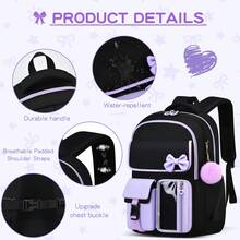 3pcs Colorblock Bow Decor With Plush Ball Pendant Large Capacity Backpack Set, Campus Style - Sets - View 5