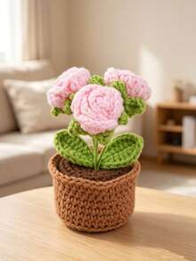 鉤針編織粉色鈴蘭花束附塑料花瓶，可愛鬱金香編織盆栽植物，畢業週年禮物，送給好友、教師感謝週、教師教室裝飾、開學季送給老師與同學的小禮物 - 彩色 - 查看 7