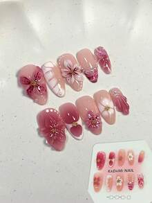 10 Peças Unhas Postiças Estilo Oceano, Formato Amêndoa, Design 3D de Estrela-do-Mar, Concha e Flor, Decoração de Pérola e Ouro, Unhas Artificiais de Cobertura Total Brilhante, Adequadas para Mulheres e Meninas, Férias de Verão, Praia e Uso Diário - Pink - Visão 1