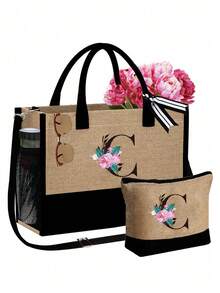 Women's Beach Tote Bag With Shoulder Strap, Pink Peony Flower A-Z Letter Print Tote Bag, Comes With Shoulder Strap And Makeup Bag; Vacation Beach Commute Shopping Bag, Gift Bag With Side Pockets, Large Capacity Handbag, Can Hold Books, Cosmetics, Parasol, Suitable For Daily Commute, Travel, Picnic, Camping, Students, Large Capacity Laptop Tote Bag, Student Commute Canvas Bag, Back To School Gift, Teacher's Day Gift - Multicolor - View 21
